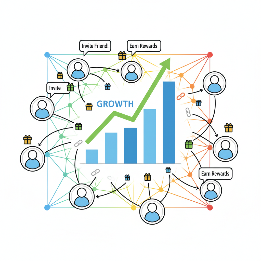 referral link sharing explosion, users inviting friends, growth chart skyrocketing, colorful network graph