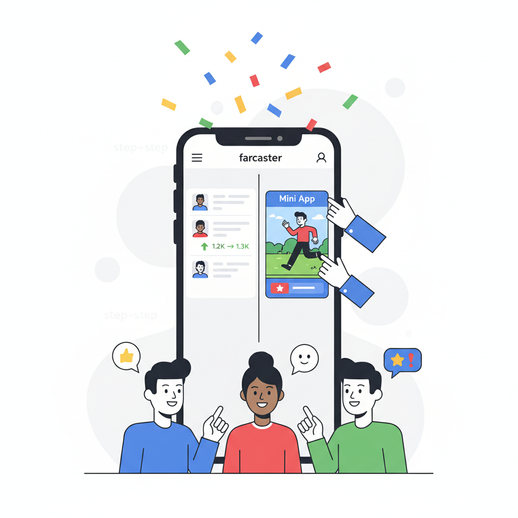 Farcaster app open with Mini App running, excited users interacting, follower count rising, party confetti effects