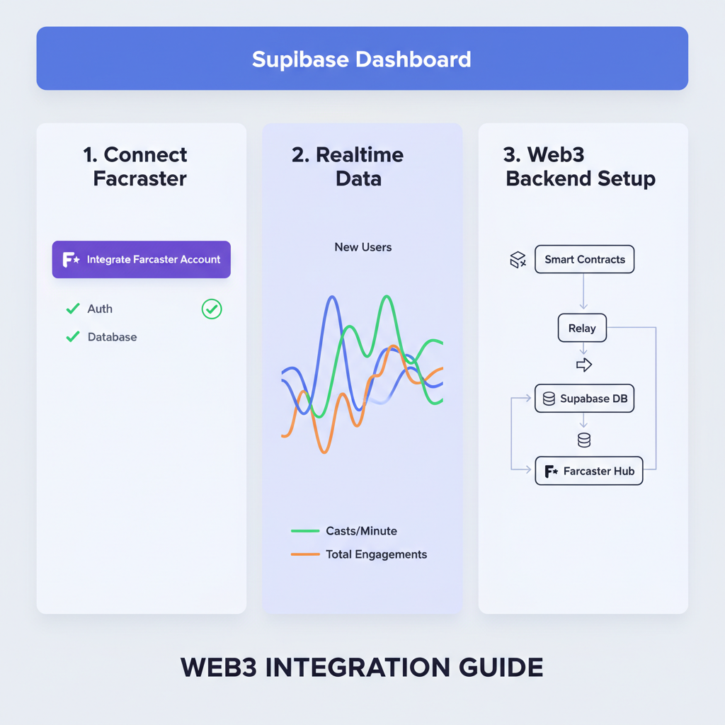 Supabase dashboard with Farcaster integration, realtime charts pulsing, clean web3 backend setup