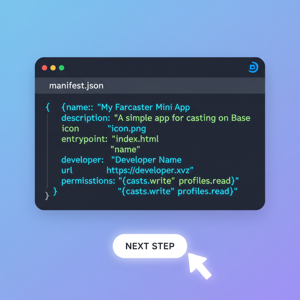 code editor with simple JSON manifest file for Farcaster mini app, glowing syntax highlight, Base logo