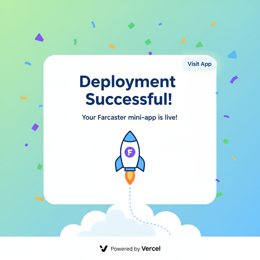 Vercel deployment success screen, confetti explosion, Farcaster mini app launching rocket