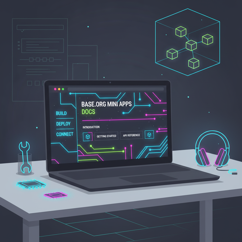 sleek laptop screen showing Base.org Mini Apps docs, neon crypto vibes, energetic builder workspace