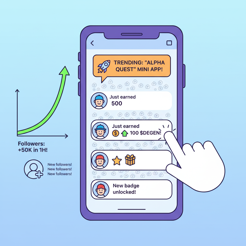 Farcaster feed with viral mini app notifications, users engaging, follower count skyrocketing graph