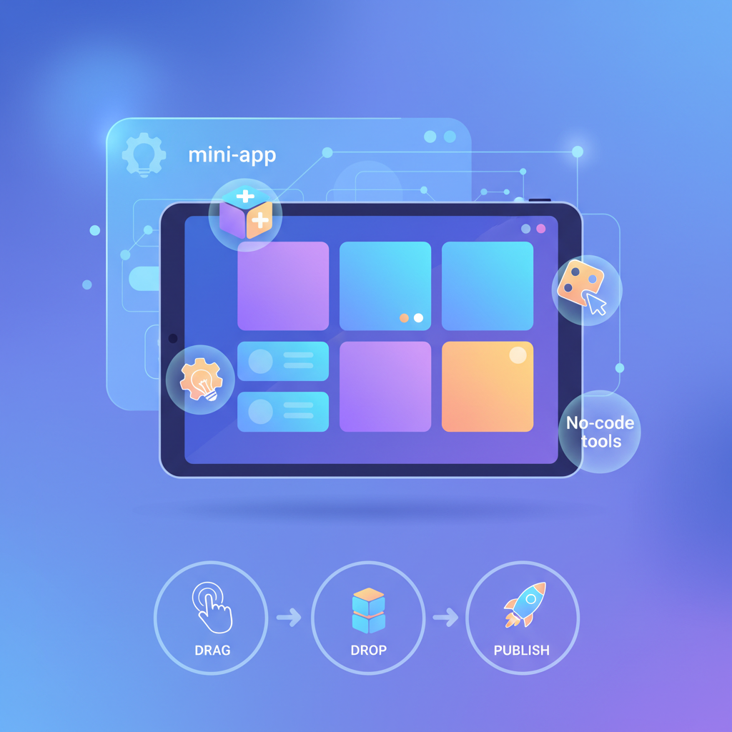 AI generating vibrant mobile UI for mini app on screen, no-code tools glowing, futuristic interface builder