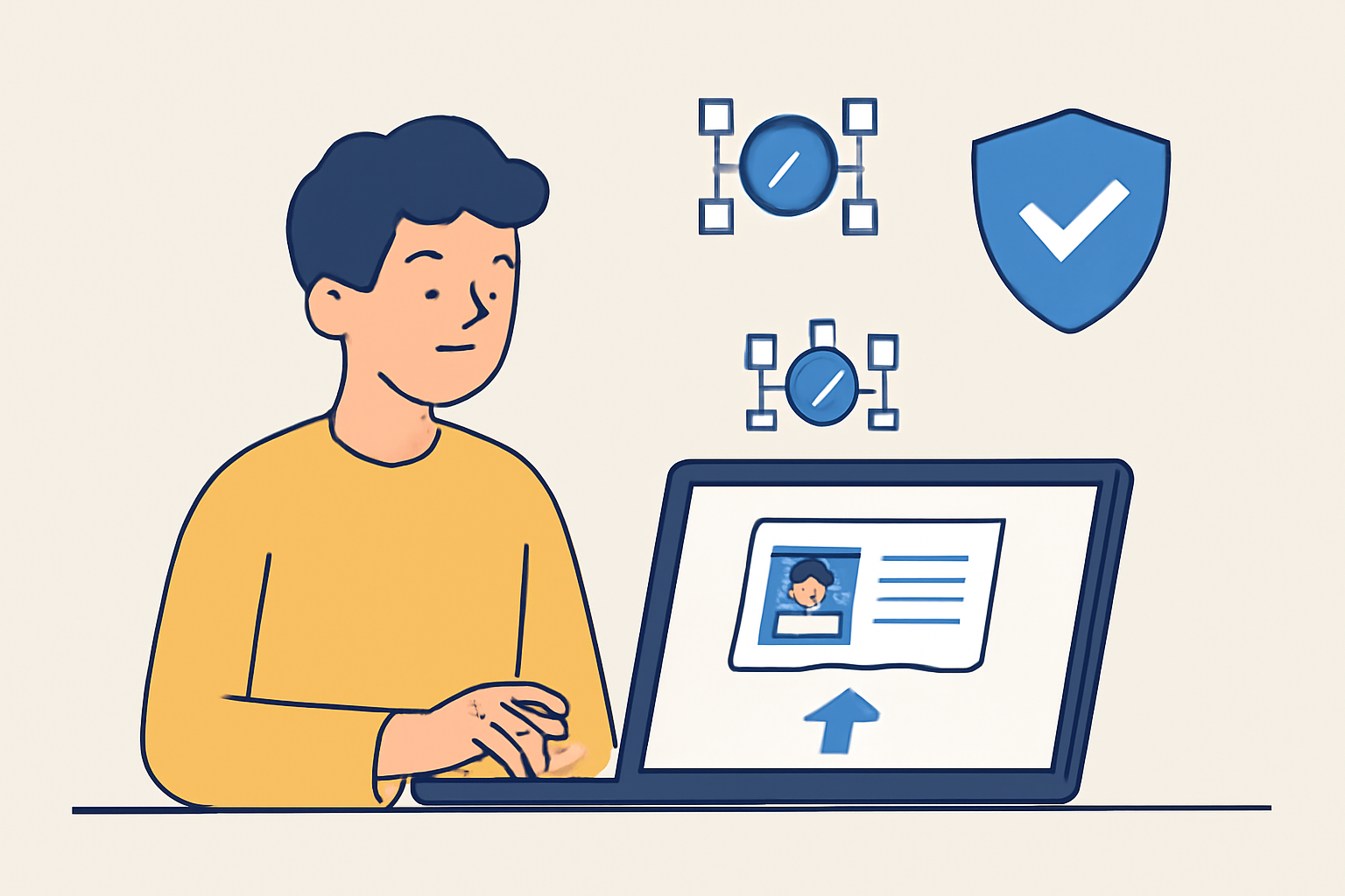 A user uploading identification documents on a secure digital platform, with blockchain verification icons and a shield symbolizing compliance.