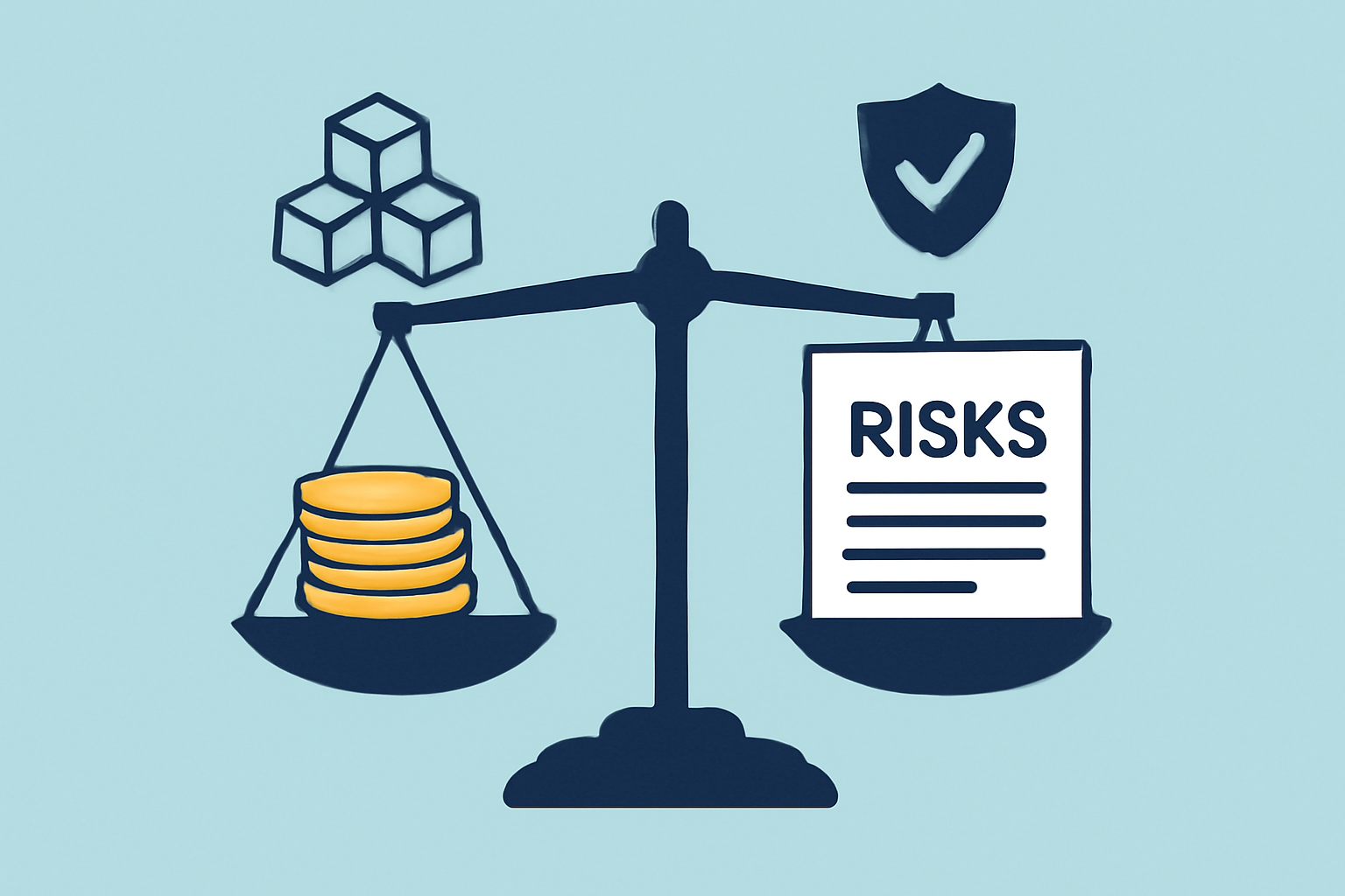 A balanced scale with coins on one side and a document labeled 'Risks' on the other, overlaid with blockchain and insurance symbols.