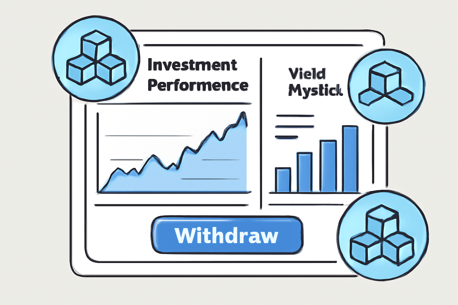 A dashboard showing investment performance charts, yield payouts, and a 'Withdraw' button, all overlaid with blockchain transparency symbols.