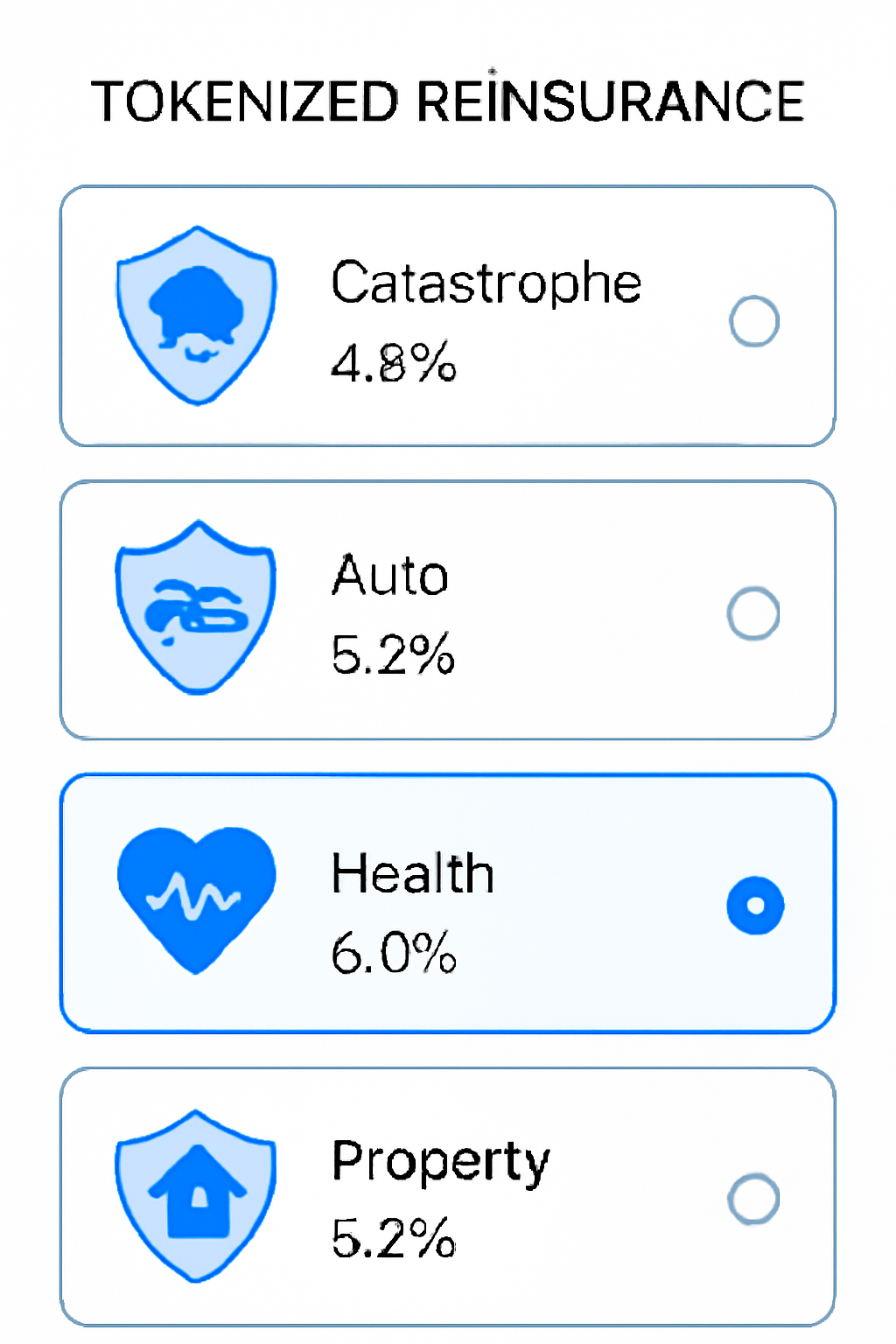 A user interface displaying various tokenized reinsurance products, each with yield percentages and insurance icons, ready for selection.