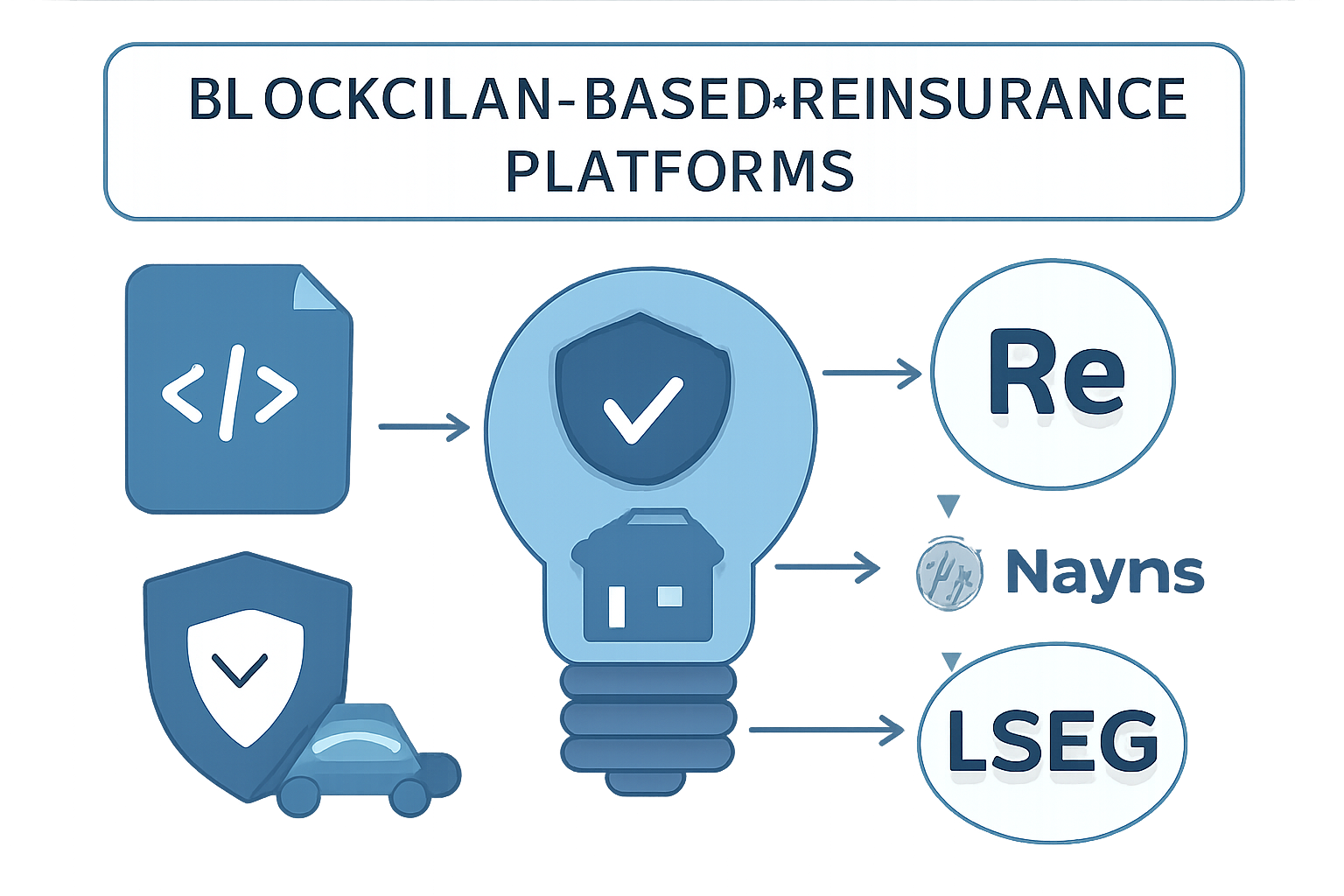 A digital dashboard displaying blockchain-based reinsurance platforms, with logos of Re, Nayms, and LSEG, and visual elements like smart contracts and insurance icons.