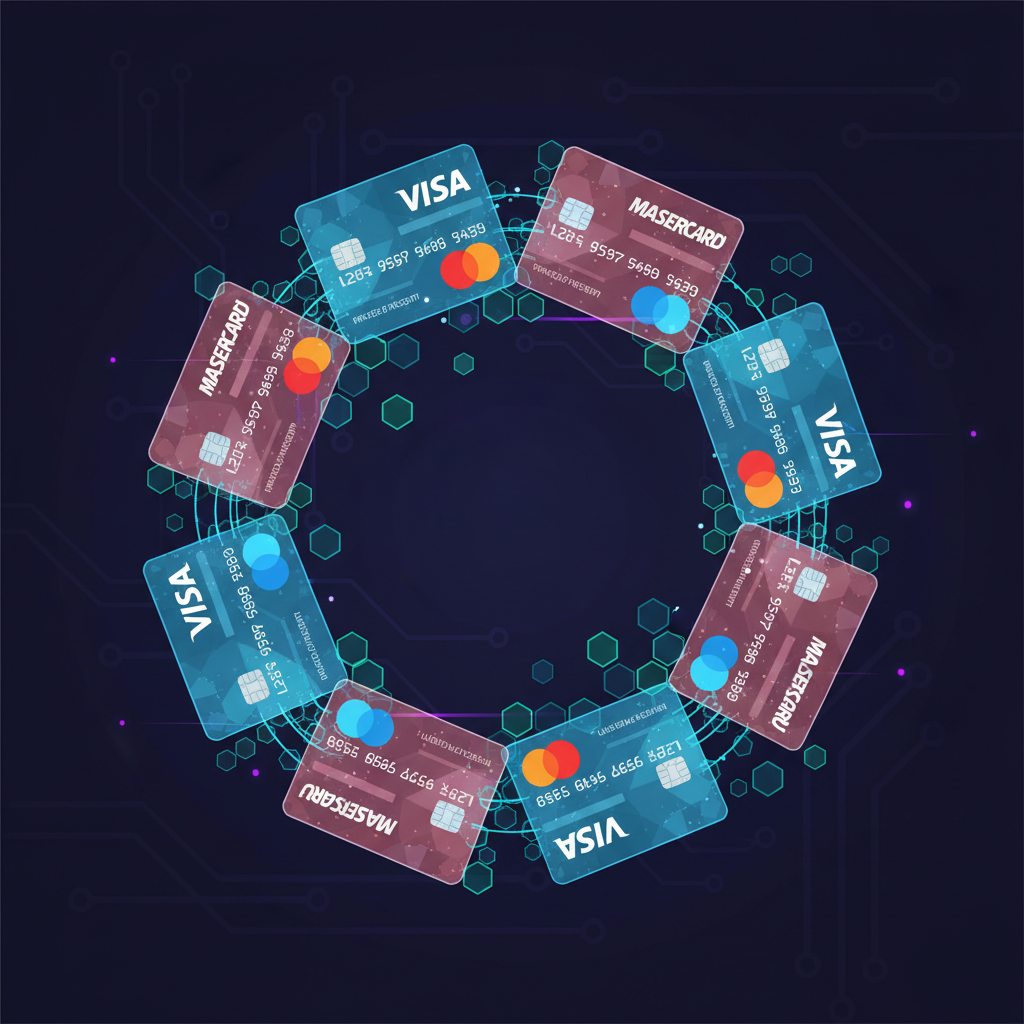 stack of shimmering virtual Visa Mastercard cards emerging from blockchain, infinite loop design, cyberpunk style