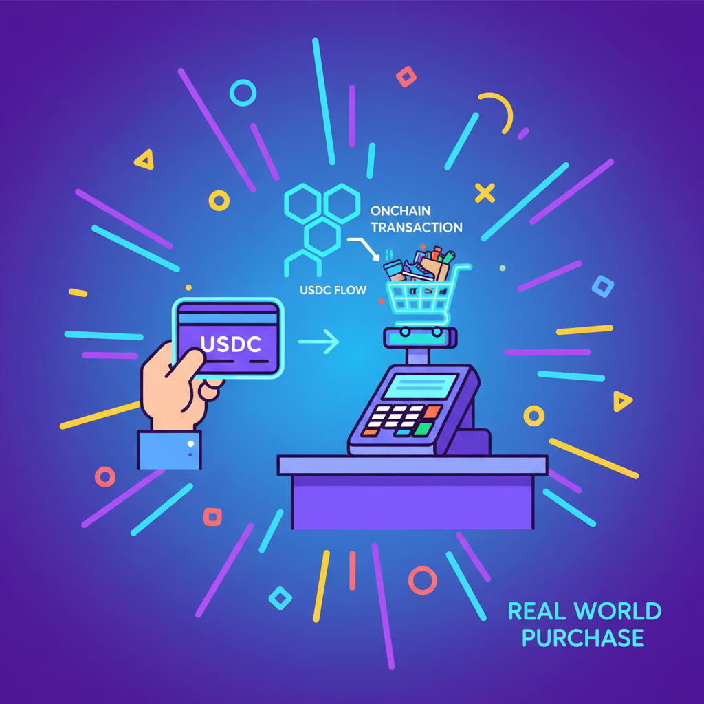 user swiping virtual card at merchant, USDC flowing onchain to real-world purchase, triumphant neon explosion