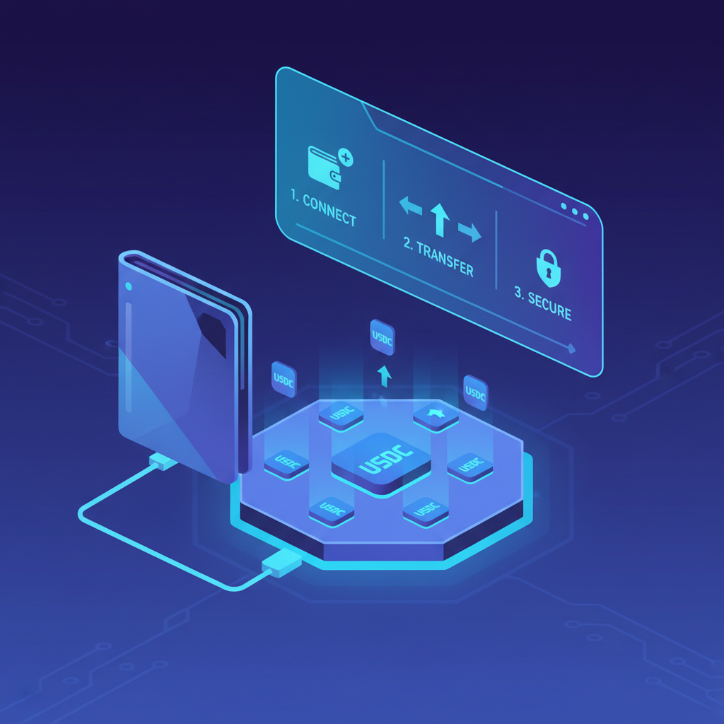 sleek crypto wallet connecting to glowing platform, neon blue USDC icons, futuristic dashboard