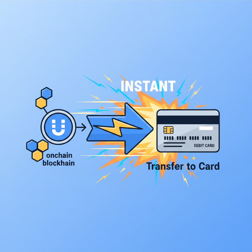 lightning-fast USDC transfer arrow to debit card, onchain blockchain animation, explosive speed effects