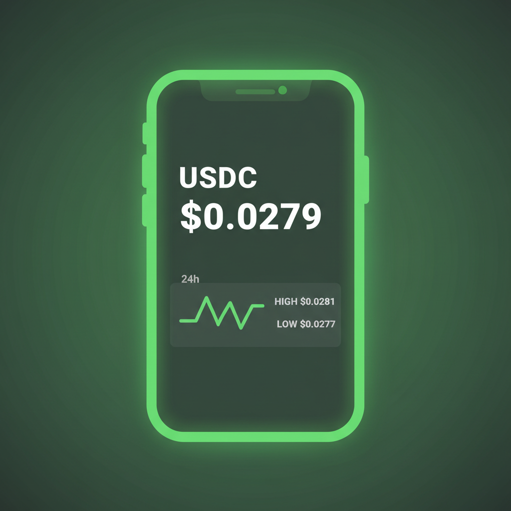 digital wallet screen showing USDC balance $0.0279, charts with 24h high $0.0281 low $0.0277, vibrant green glow