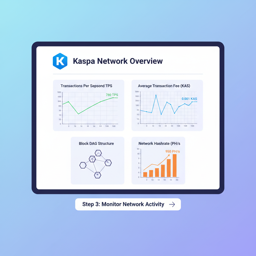 blockchain data dashboard with TPS and fee graphs, Kaspa logo, technical charts