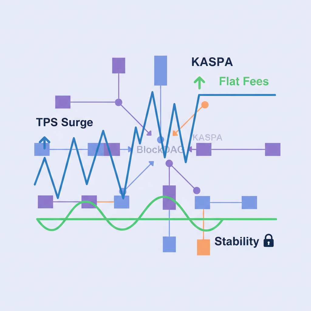 spike graph TPS surge with flat fees, Kaspa blockDAG, stability visualization