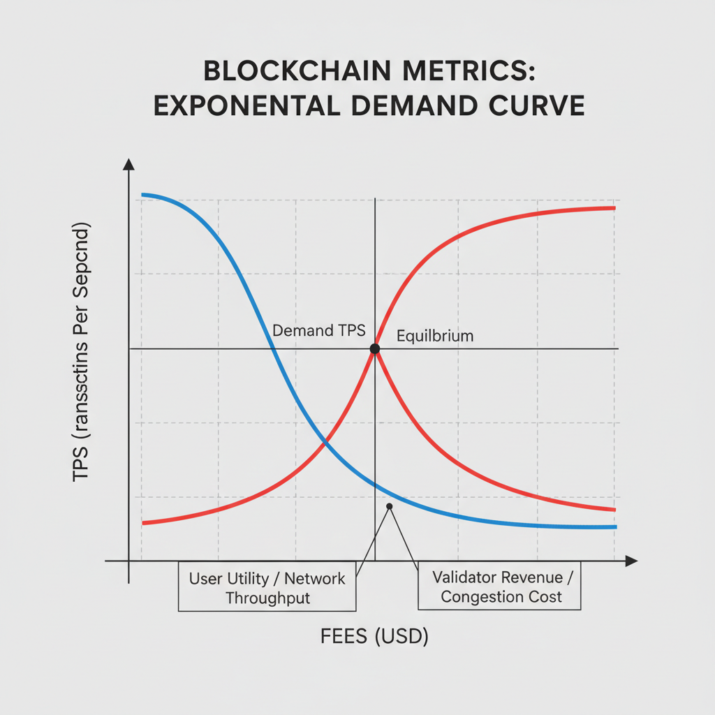 exponential demand curve graph TPS vs fees, blockchain metrics, precise lines