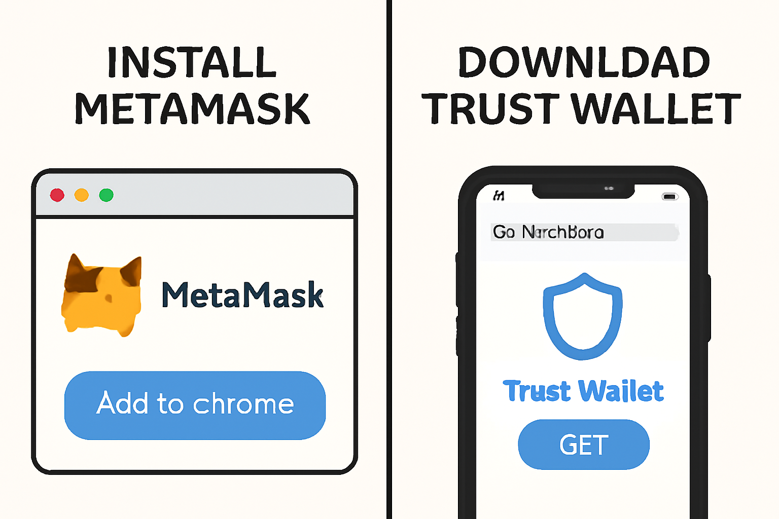 split screen showing MetaMask browser extension install and Trust Wallet mobile app download