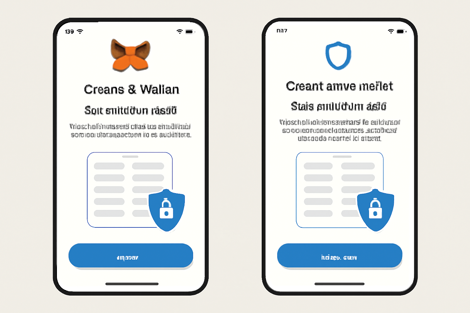 wallet creation screens for MetaMask and Trust Wallet with seed phrase backup