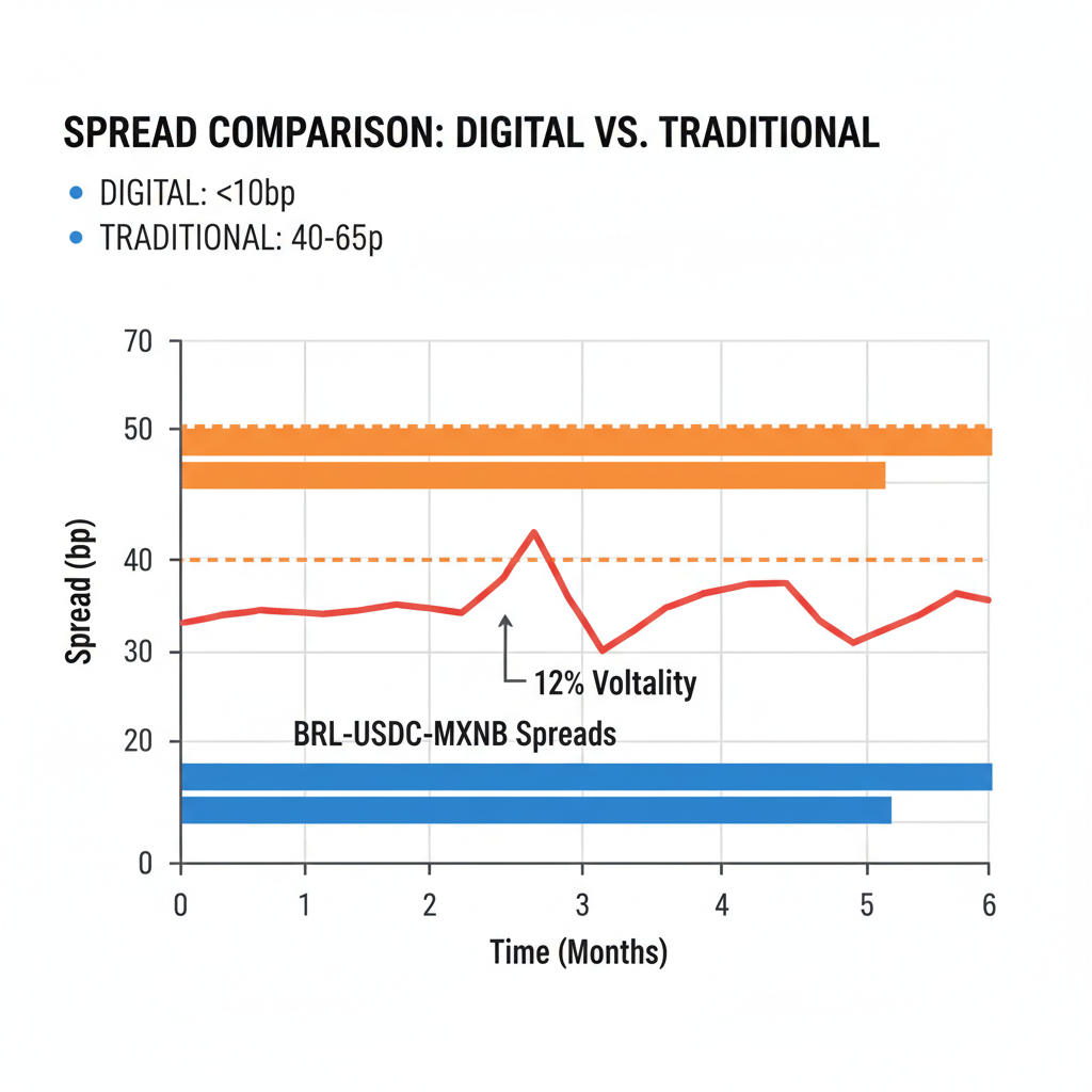 clean chart comparing BRL-USDC-MXNB spreads under 10bp vs traditional 40-65bp, with 12% volatility line