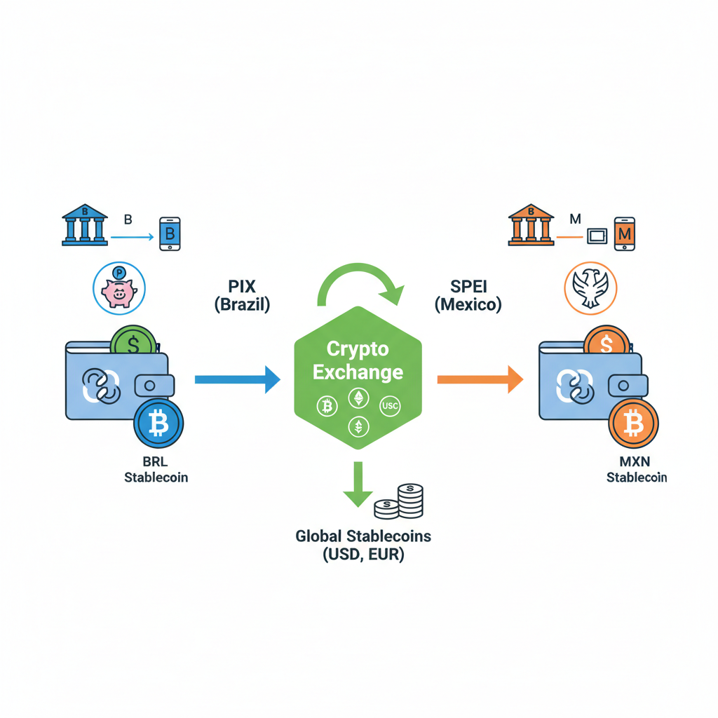 illustration of PIX and SPEI payment flows connecting to crypto wallets for stablecoin entry