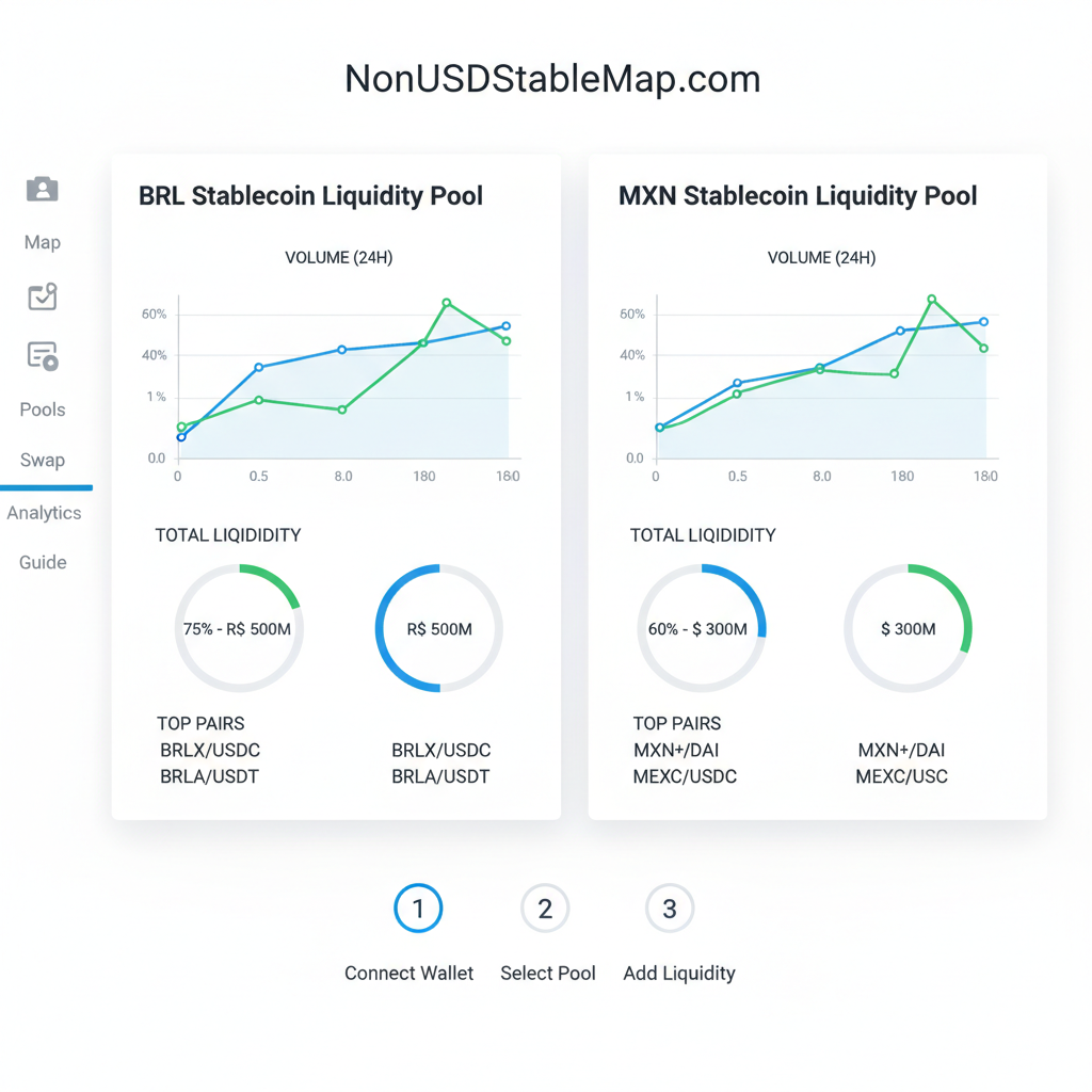 professional dashboard screenshot of NonUSDStableMap.com showing BRL and MXN stablecoin liquidity pools with volume charts