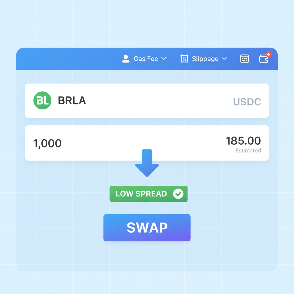 DEX trading interface showing BRLA to USDC swap with low spread indicator
