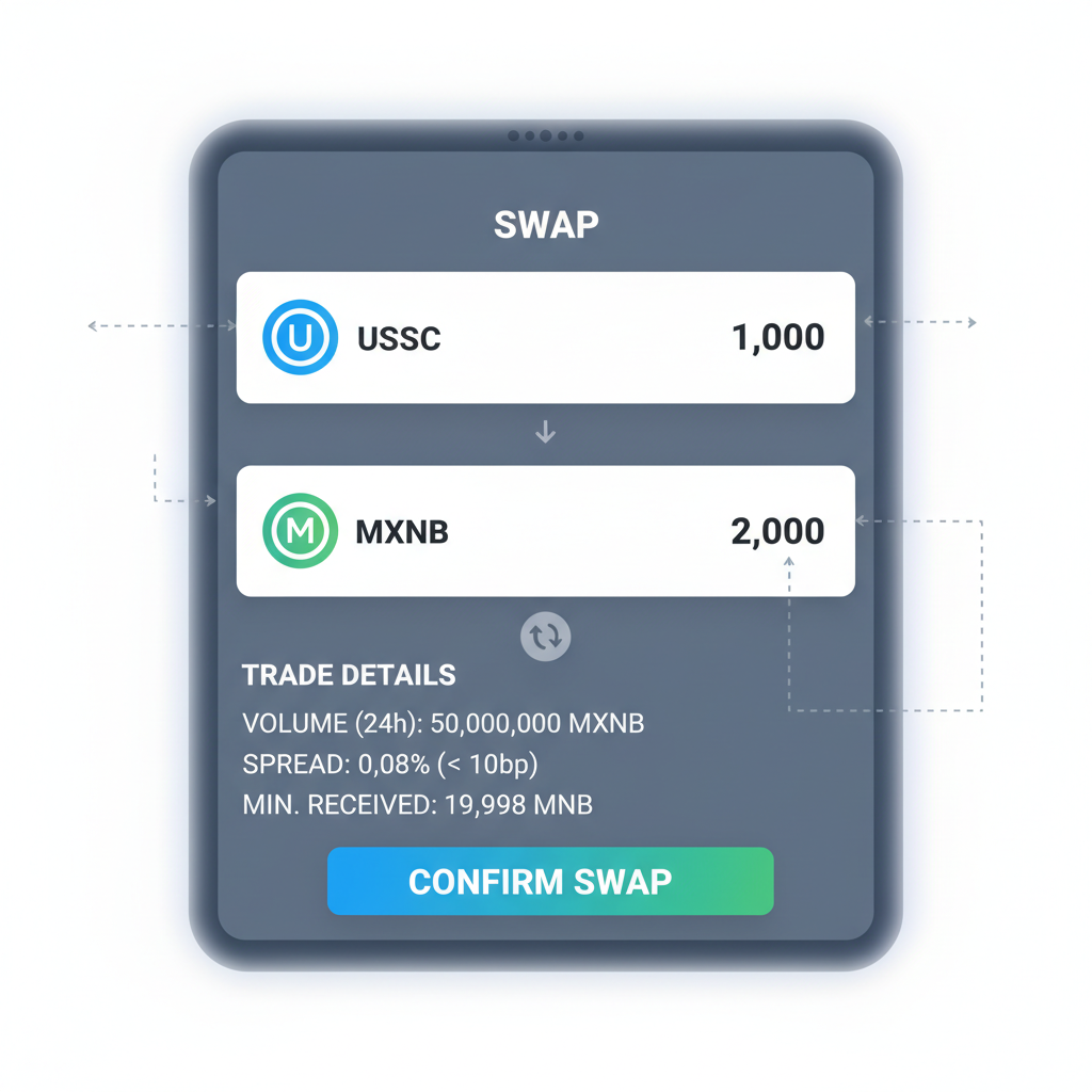 DEX swap screen for USDC to MXNB with volume metrics and spread under 10bp