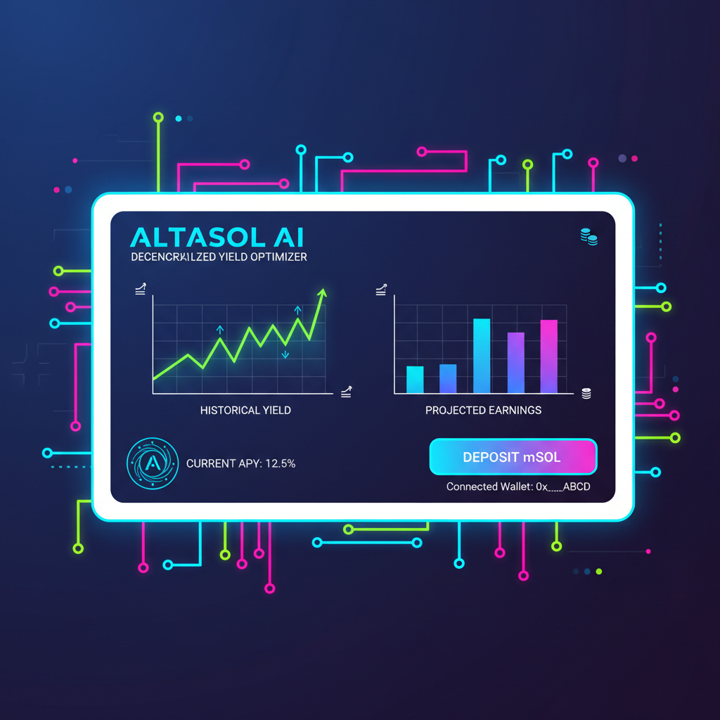 Altasol AI dashboard with yield graphs and mSOL deposit button, neon AI visuals