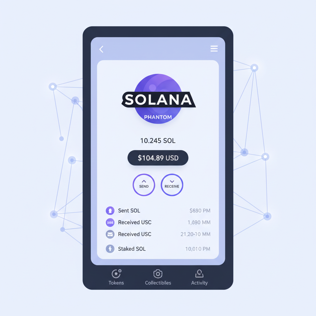 Phantom Solana wallet interface showing SOL balance $104.89 price tag, clean futuristic UI