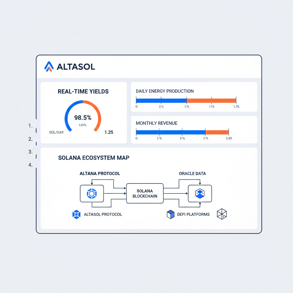 Altasol monitoring dashboard with real-time yields, graphs, Solana ecosystem map