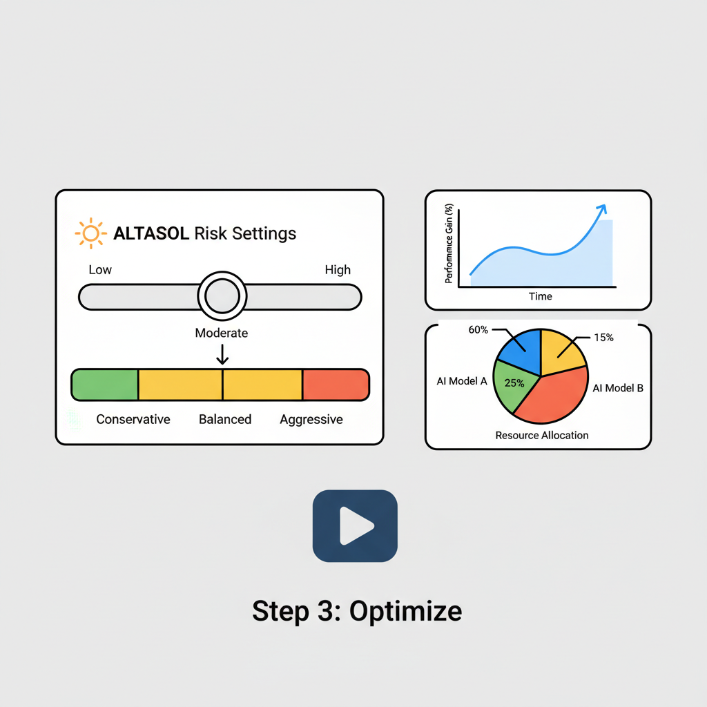 Altasol risk settings slider, AI optimization charts, technical dashboard