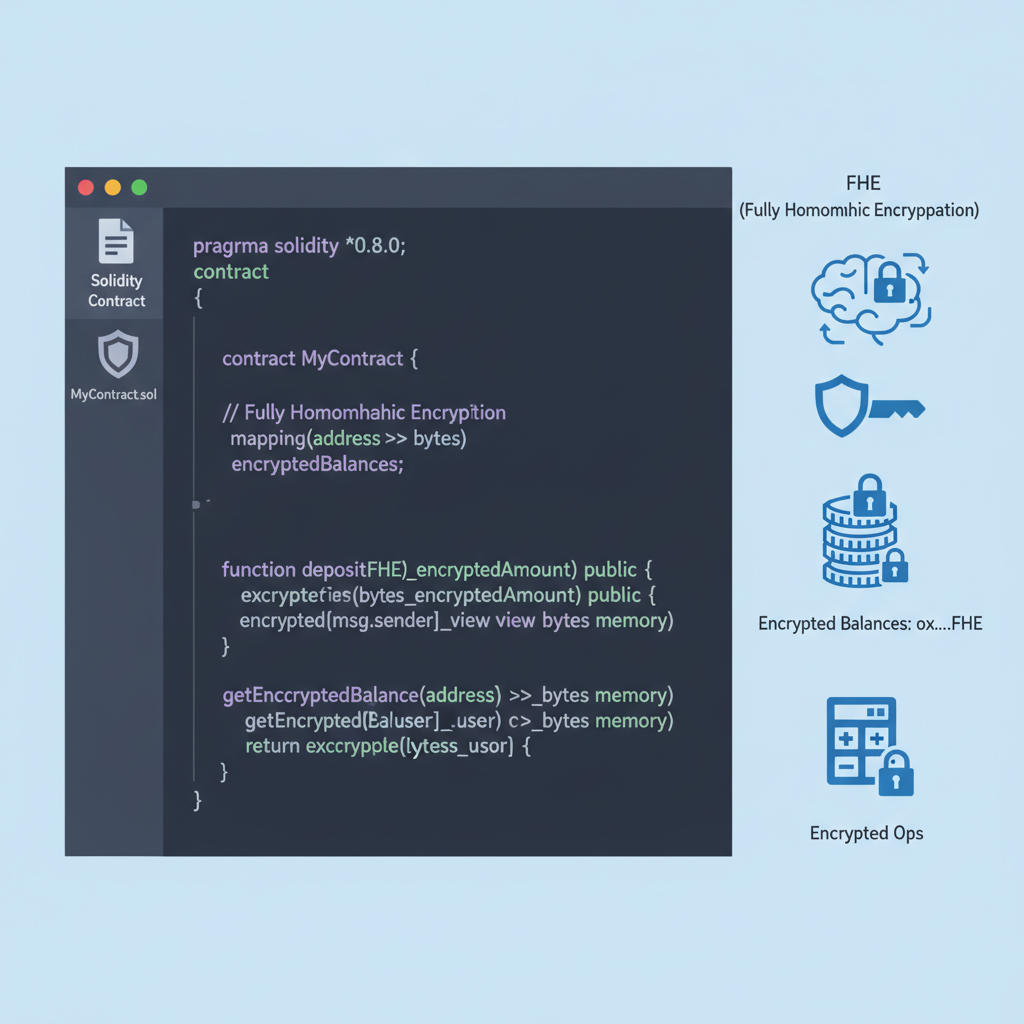 code editor with Solidity smart contract, FHE icons and encrypted balances