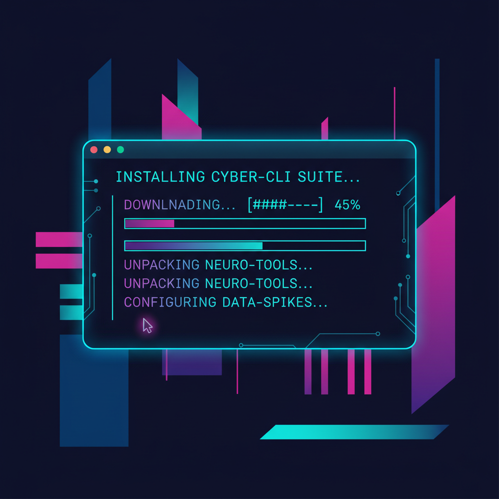 dark terminal window installing CLI tools, glowing code lines, cyberpunk style