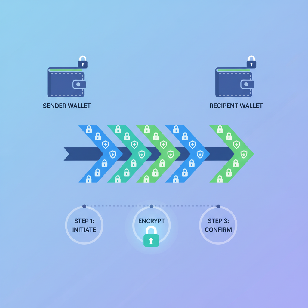 secure private token transfer interface, encrypted arrows between wallets