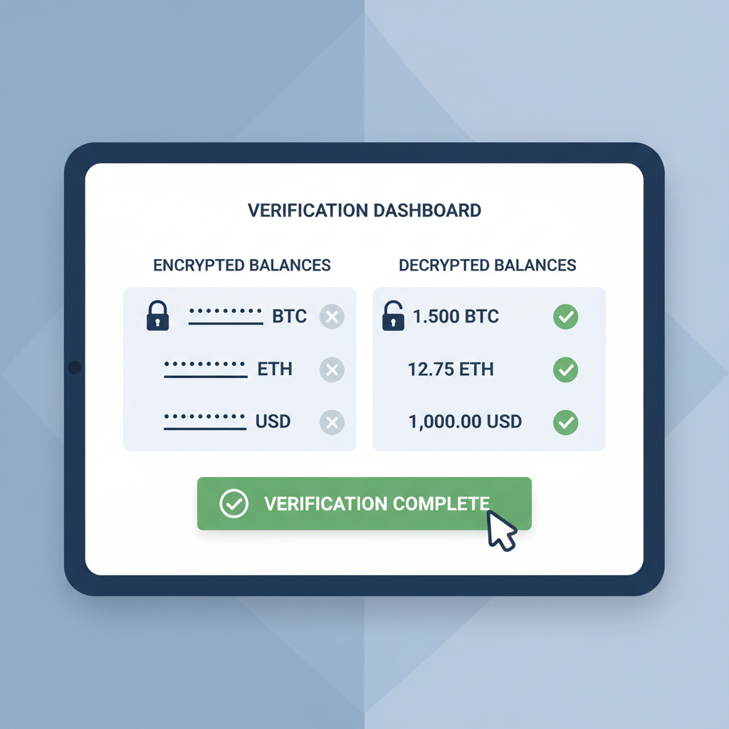 verification dashboard showing encrypted vs decrypted balances, checkmarks