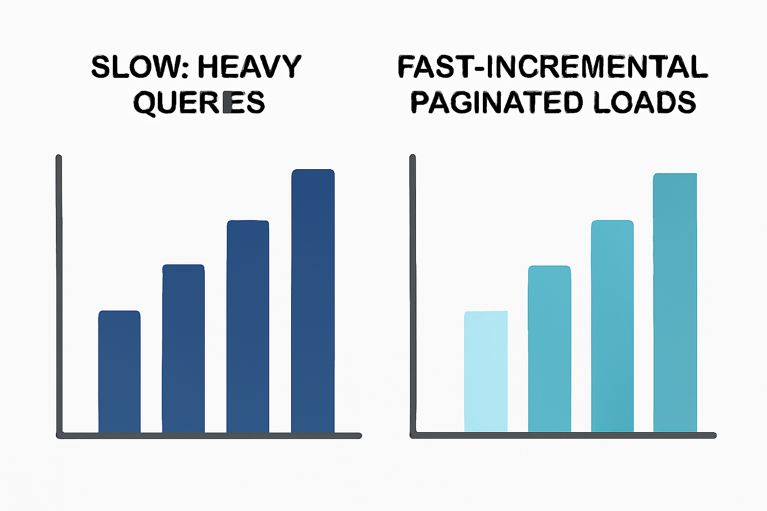 Side-by-side bar charts: one showing slow, heavy queries, the other showing fast, incremental paginated loads.