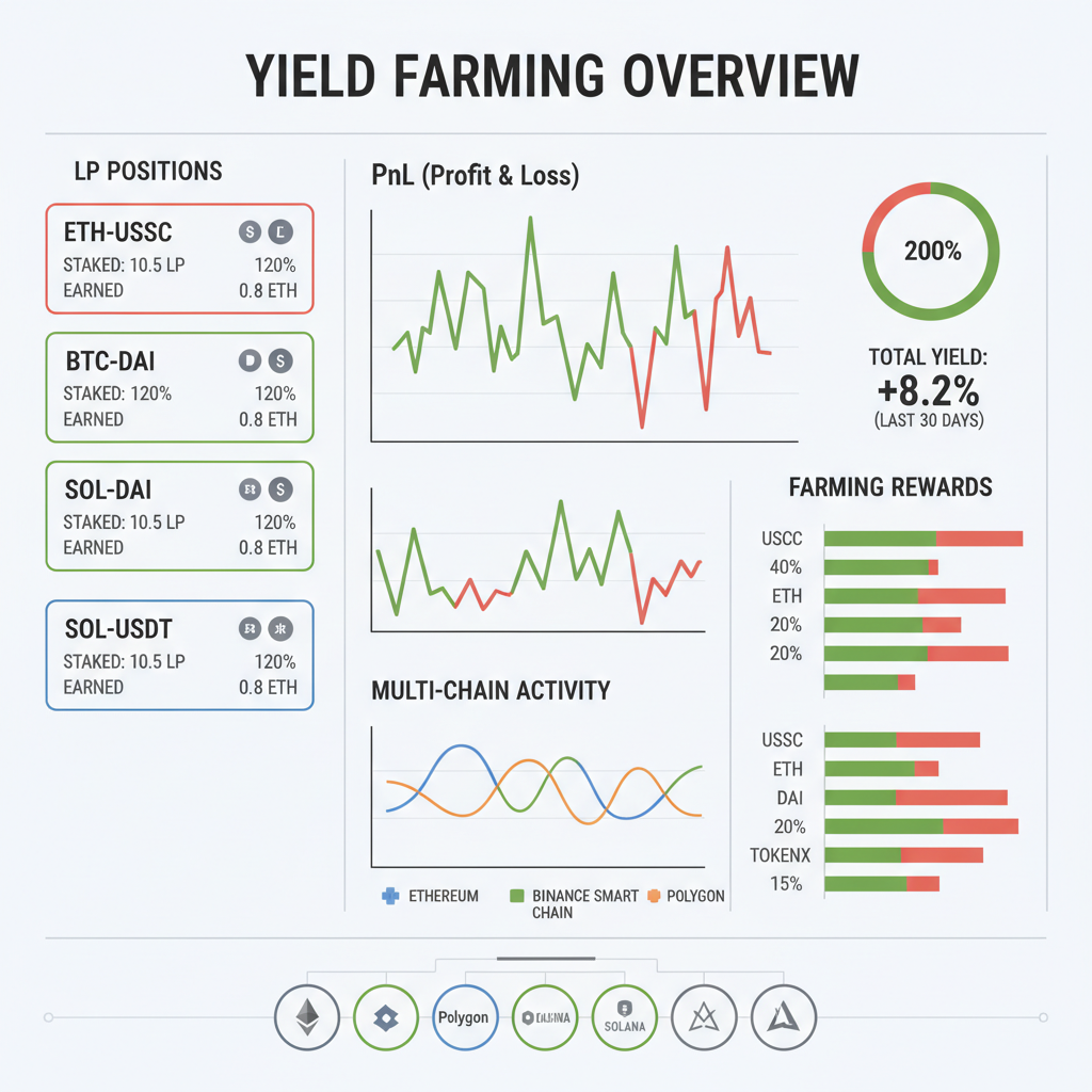yield farming dashboard with LP positions, PnL charts, multi-chain graphs, green red bars