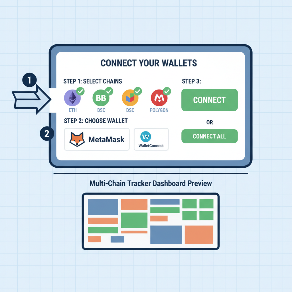 dashboard screenshot connecting crypto wallets to multi-chain tracker, icons for ETH BSC Polygon, green connect buttons