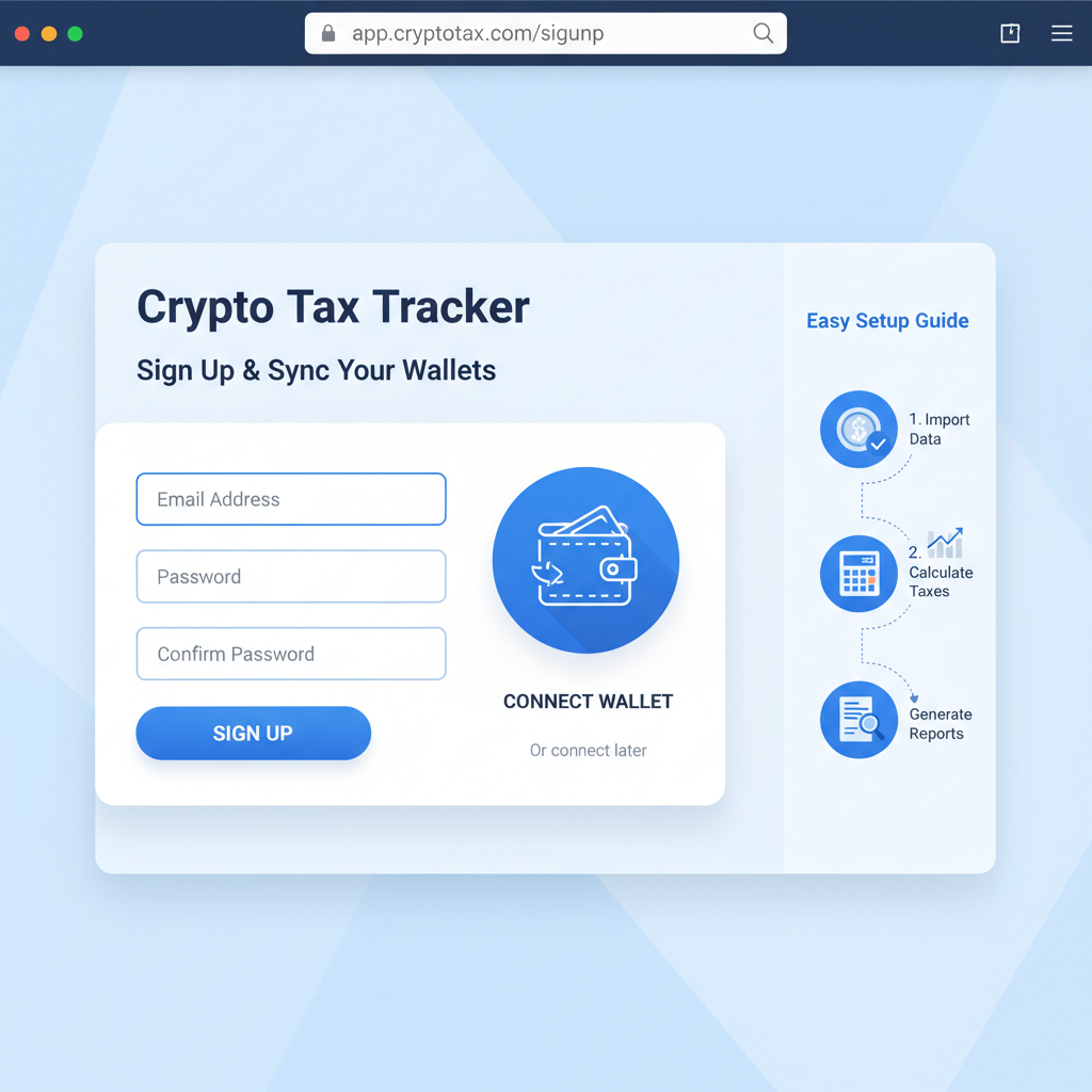 clean web signup form for crypto tax tracker, modern UI, blue tones, wallet connect button