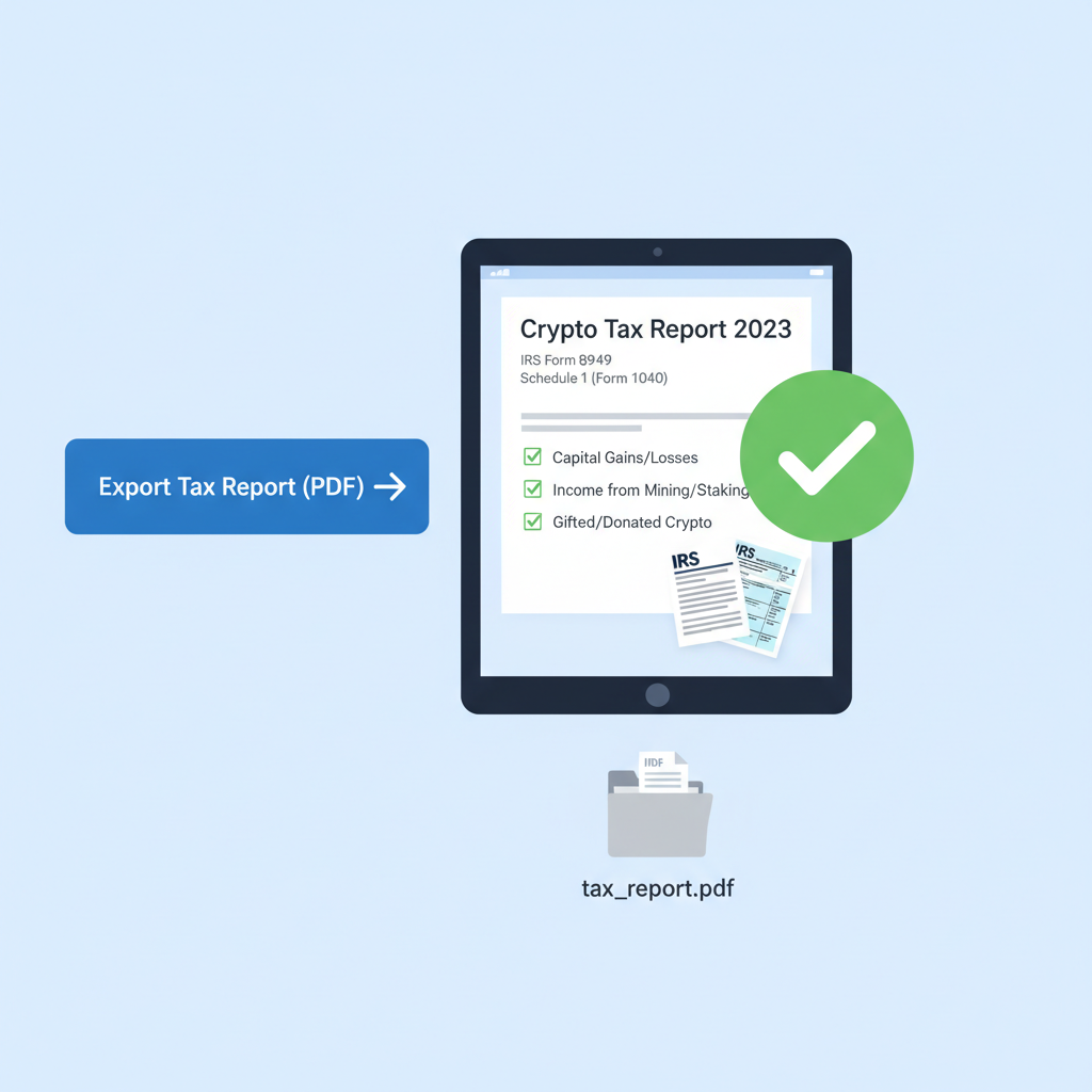 exporting crypto tax report PDF, professional layout, IRS forms preview, checkmarks