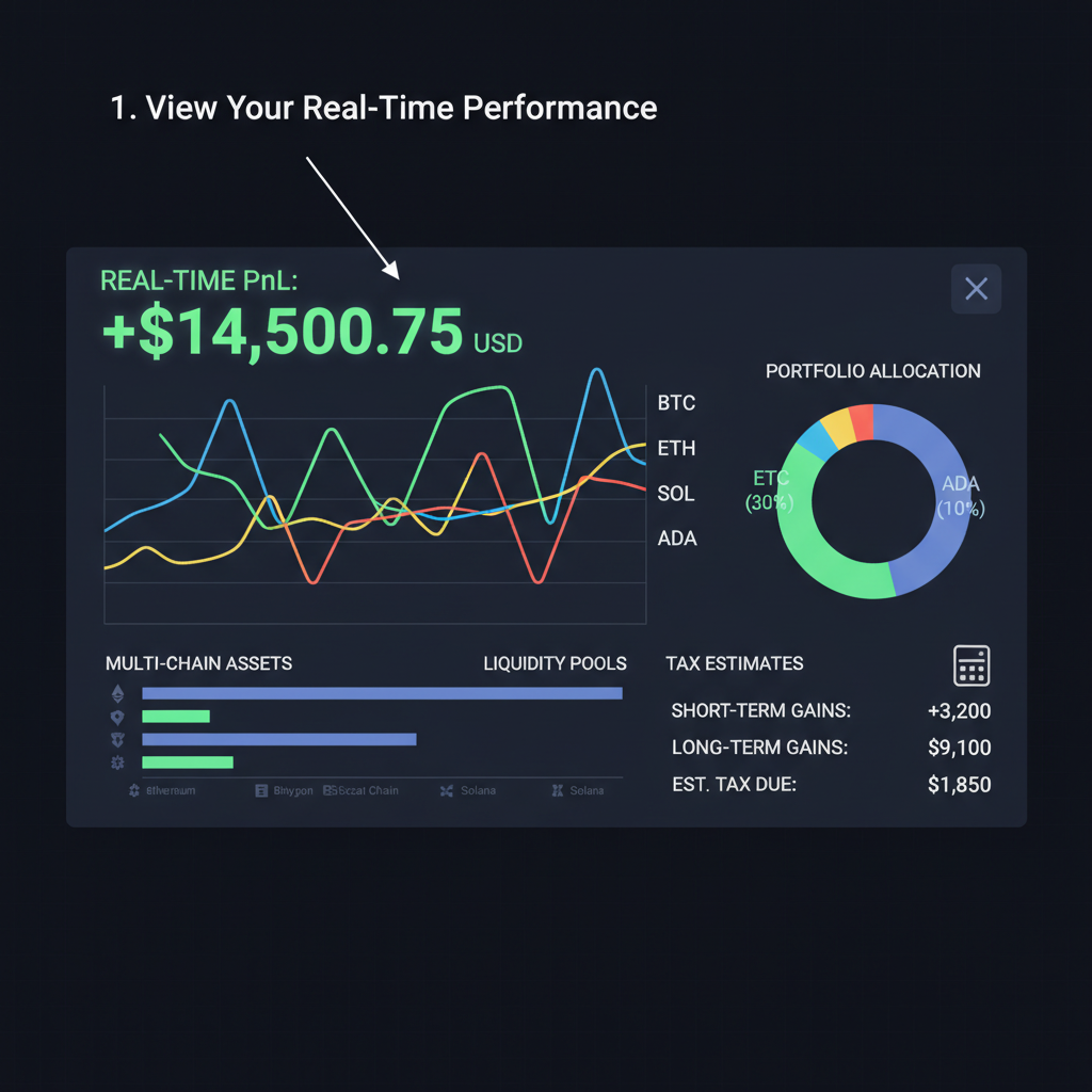 real-time PnL dashboard crypto portfolio, line charts multi-chain, tax estimates, dark mode