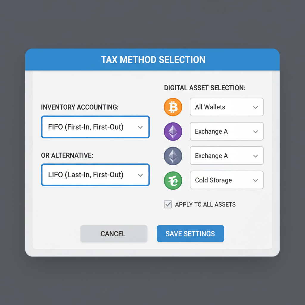 settings panel selecting FIFO LIFO tax methods, dropdown menus, crypto icons, precise UI