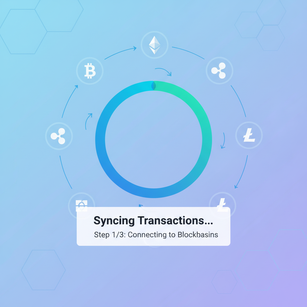 transaction syncing animation in crypto tax app, blockchain icons loading data, progress bar