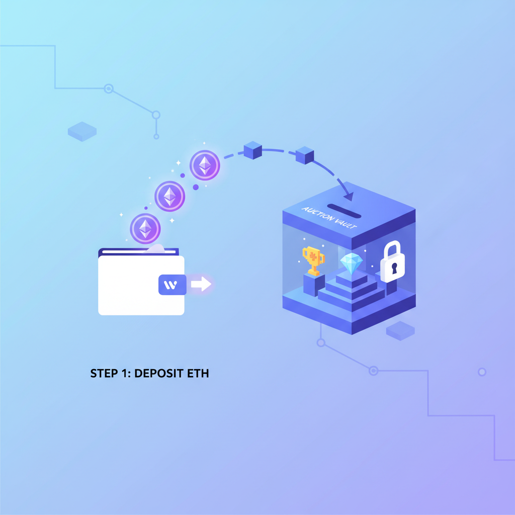 digital wallet depositing eth coins into auction vault blockchain style