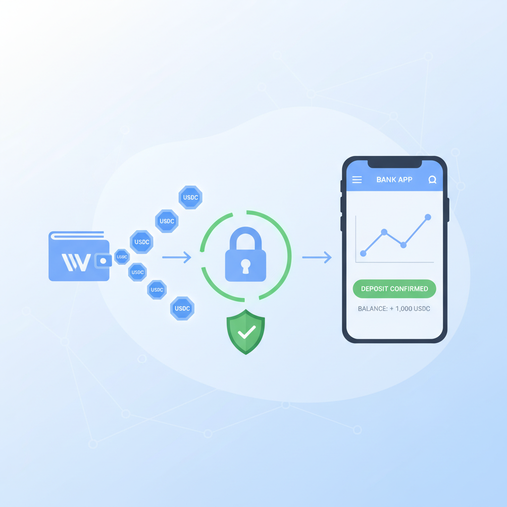 wallet depositing USDC tokens into bank app, stablecoin flow, secure transaction graphic