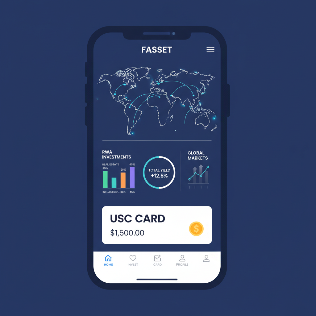 Fasset app dashboard showing RWA investments, USDC card, global map, modern fintech UI