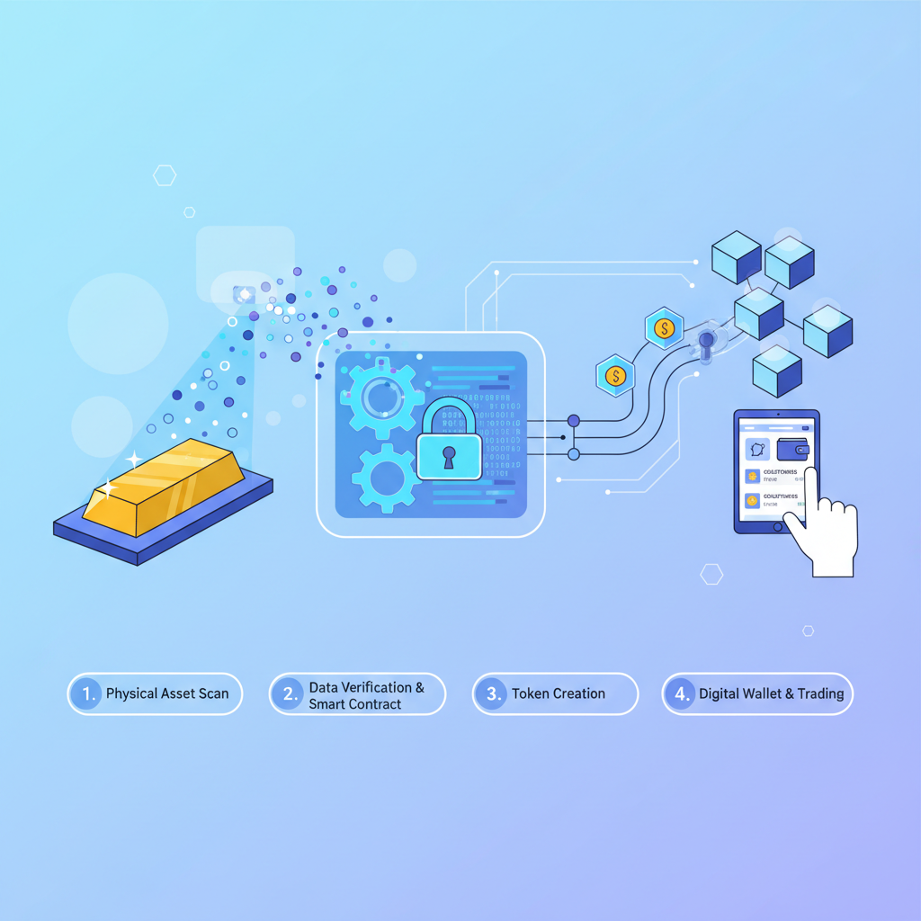 smart contract tokenizing gold bar into blockchain tokens, digital transformation process, high-tech visualization