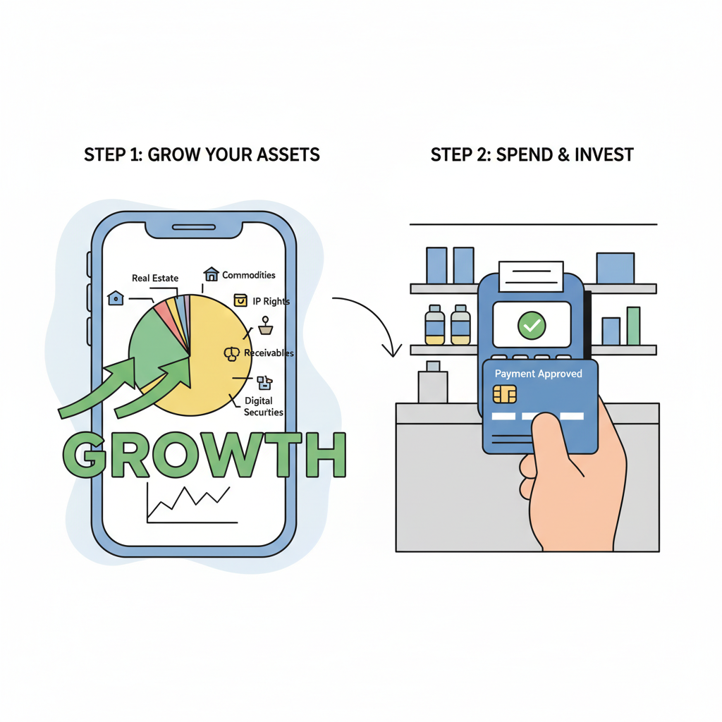 diversified RWA portfolio chart on app, growth arrows, debit card payment in store
