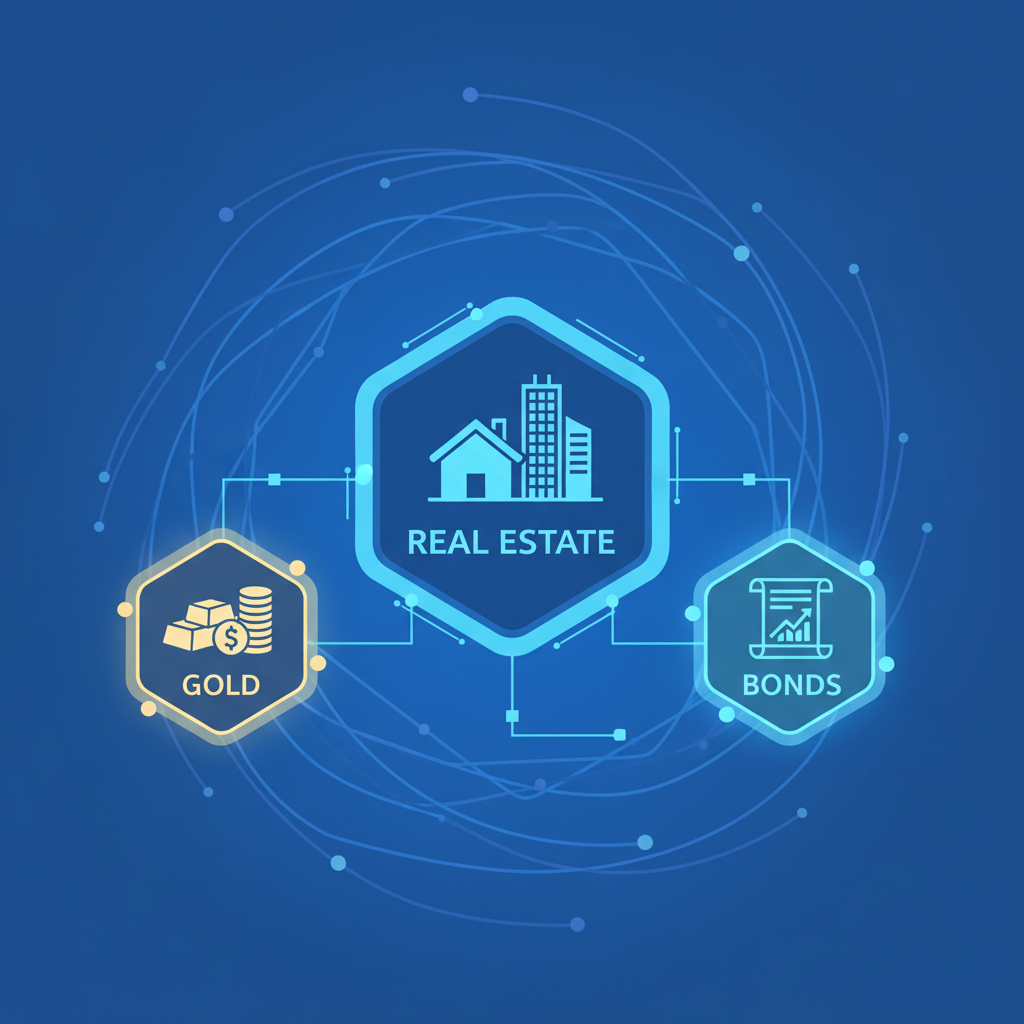 blockchain tokens representing real estate, gold, bonds floating in digital space, futuristic blue tones